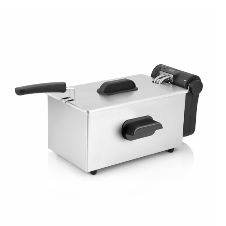 Friteuze - Friteuza electrica HAEGER DEEP, Capacitate 3 L, Putere 2000 W, INOX, Termostat reglabil 130-190 grade C, Indicatoare luminoase, Argintiu