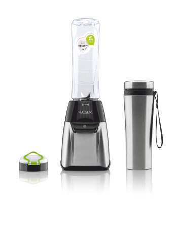 Mixere, tocatoare & roboti de bucatarie - Mini blender HAEGER SPORTS, Putere 350 W, Pahar TRITAN 600 ml, Bidon termic din inox, 4 Lame din inox, Inox