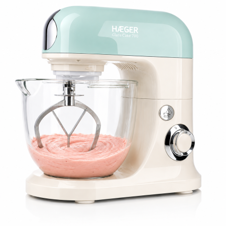 Mixere - Mixer cu bol din sticla HAEGER GLASS CAKE 700, Bol 5L, Putere 700W, Miscare planetara pentru rezultate uniforme, Cap rabatabil si baza antiderapanta, Alb