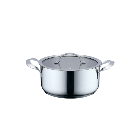 Vase & ustensile pentru gatit - Oala HAEGER INOX POT 18H, Diametru 18 cm, Inaltime 8,5 cm, Corp din inox, Capac din sticla cu orificiu de aburi, Toate tipurile de plita, Inox