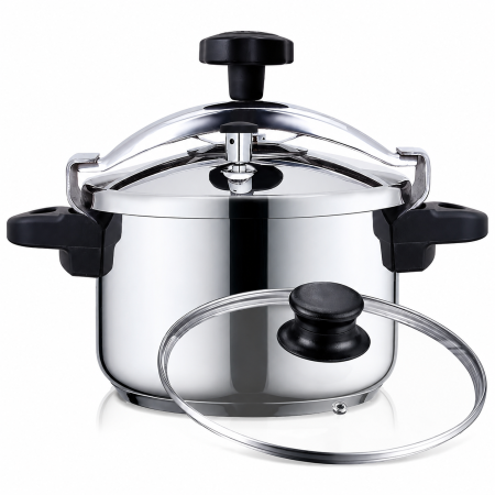 Oale sub presiune - Oala sub presiune 2-in-1 HAEGER INOX PLUS, 22 cm, Capacitate 4L, otel inoxidabil de inalta calitate, Capac suplimentar din sticla, Compatibila cu toate tipurile de plite, otel inoxidabil, Argintiu