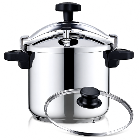Oale sub presiune - Oala sub presiune 2-in-1 HAEGER INOX PLUS, 24 cm, Capacitate 10L, otel inoxidabil de inalta calitate, Capac suplimentar din sticla, Compatibila cu toate tipurile de plite, Otel inoxidabil, Argintiu