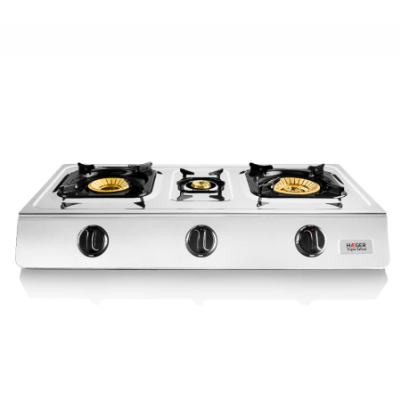 Plite & Aragazuri - Plita pe gaz portabila HAEGER TRIPLE SAFINE, 3 arzatoare din bronz 110/90/40 mm, Corp din inox, Aprindere piezo automata, Economie energie 30%, Inox