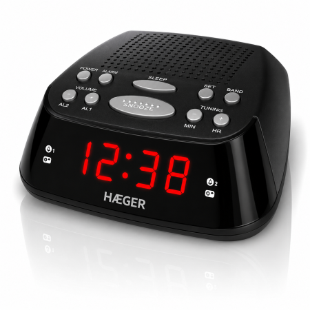 Electronice & Iluminat - Radio cu ceas si alarma HAEGER SNOOZER, 20 posturi memorate (10 FM/10 AM), Afisaj LED, Alarma dubla cu functie Snooze, Functie Sleep temporizator, Negru