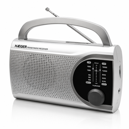 Electronice & Iluminat - Radio portabil HAEGER SURROUND, Tuner AM/FM cu antena telescopica, Alimentare retea sau baterii, Mufa pentru casti, Maner de transport cu indicator LED, Argintiu