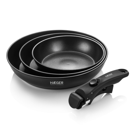 Vase & ustensile pentru gatit - Set tigai HAEGER EASY FIT, 4 piese, Maner detasabil, Strat antiaderent elvetian ILAG Ultimate, Compatibile cu toate tipurile de plita
