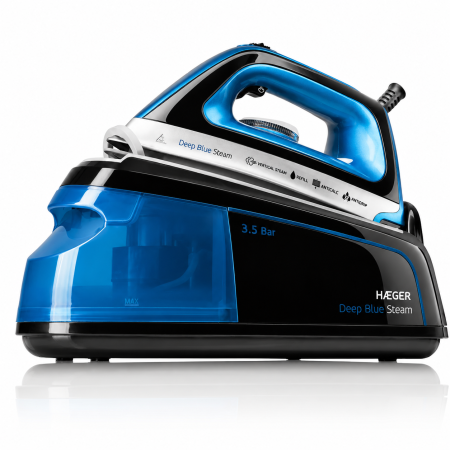 Fiare, statii & aparate de calcat cu abur - Statie de calcat cu generator de aburi HAEGER DEEP BLUE, Presiune abur 3.5 bar, 2200W, Talpa ceramica pentru alunecare perfecta, Sistem anti-calcar, Functie auto-curatare, Albastru