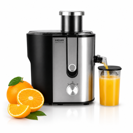 Storcatoare - Storcator de fructe si legume HAEGER MINI JUICER, Rezervor pulpa 1.3L, Rezervor suc 450 ml, 2 trepte de viteza, Putere 600W, Sistem anti-picurare, Corp inox usor de dezasamblat, Argintiu