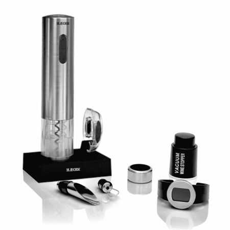 Mixere, tocatoare & roboti de bucatarie - Tirbuson electric HAEGER LUCCA PACK reincarcabil, Corp din inox, Accesorii incluse: incarcator, taietor de capsula, pompa de vid, Cutie de lux