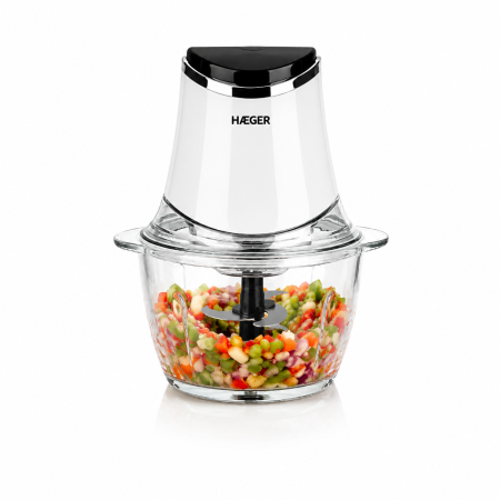 Mixere, tocatoare & roboti de bucatarie - Tocator de legume electric HAEGER CHOPPER GLASS, Capacitate 1.2L, vas sticla, 300W, 4 lame inox, 2 viteze, Piese detasabile usor de curatat, Alb