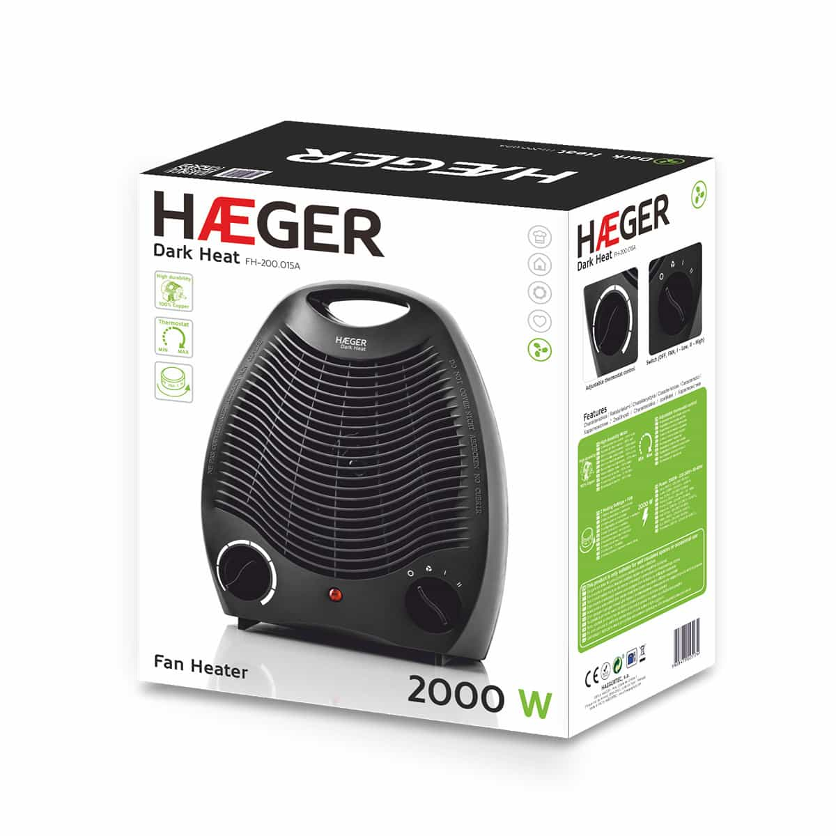 Aeroterma HAEGER DARK HEAT, Putere 2000 W, 2 trepte de viteza, Recomandata pentru 60 mp, Maner de transport, Negru [1]