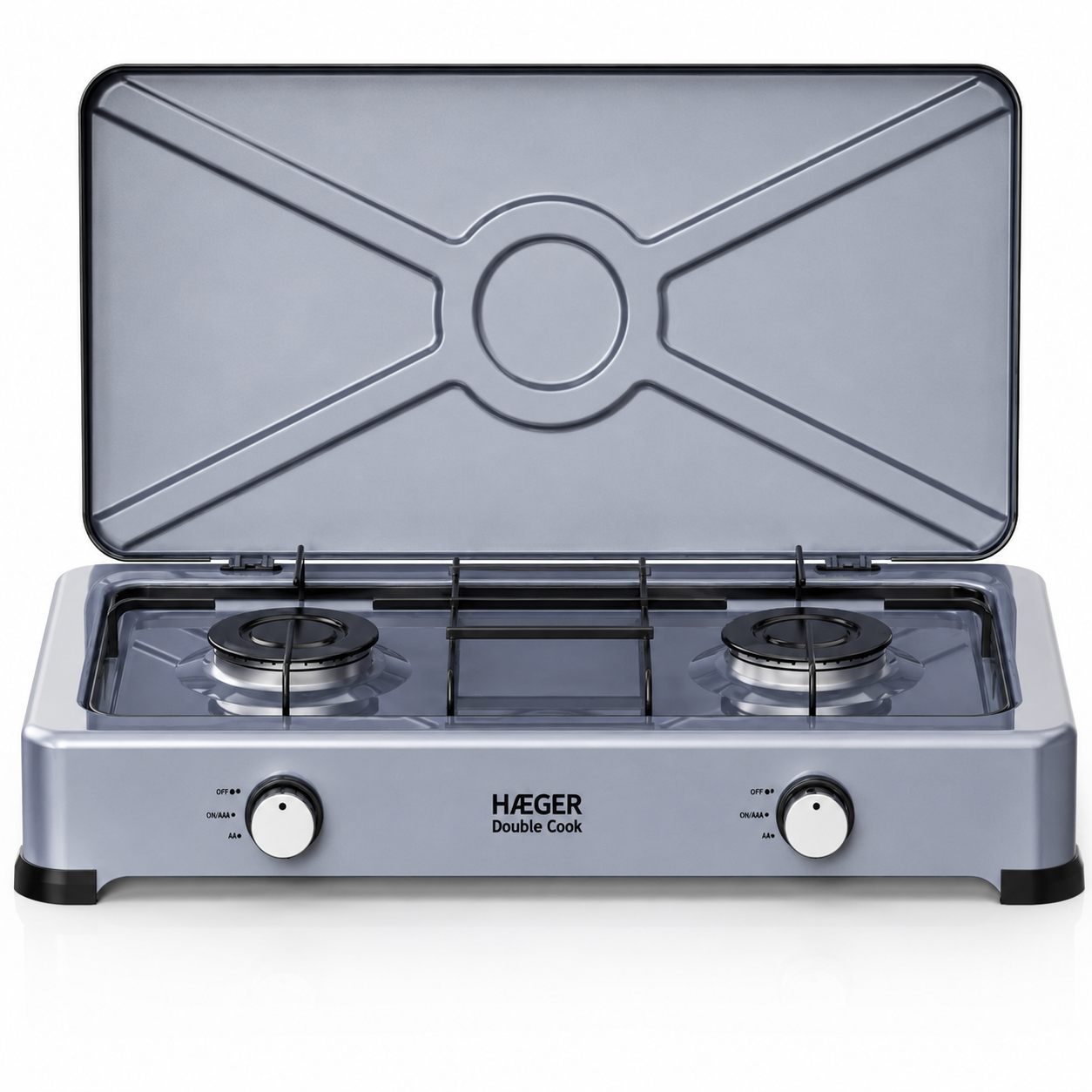 Aragaz portabil cu 2 arzatoare HAEGER DOUBLE COOK, anticoroziv, aluminiu, Dimensiuni 580x295x115mm, Suprafata emailata usor de curatat, Manere decorative inox, Argintiu [0]