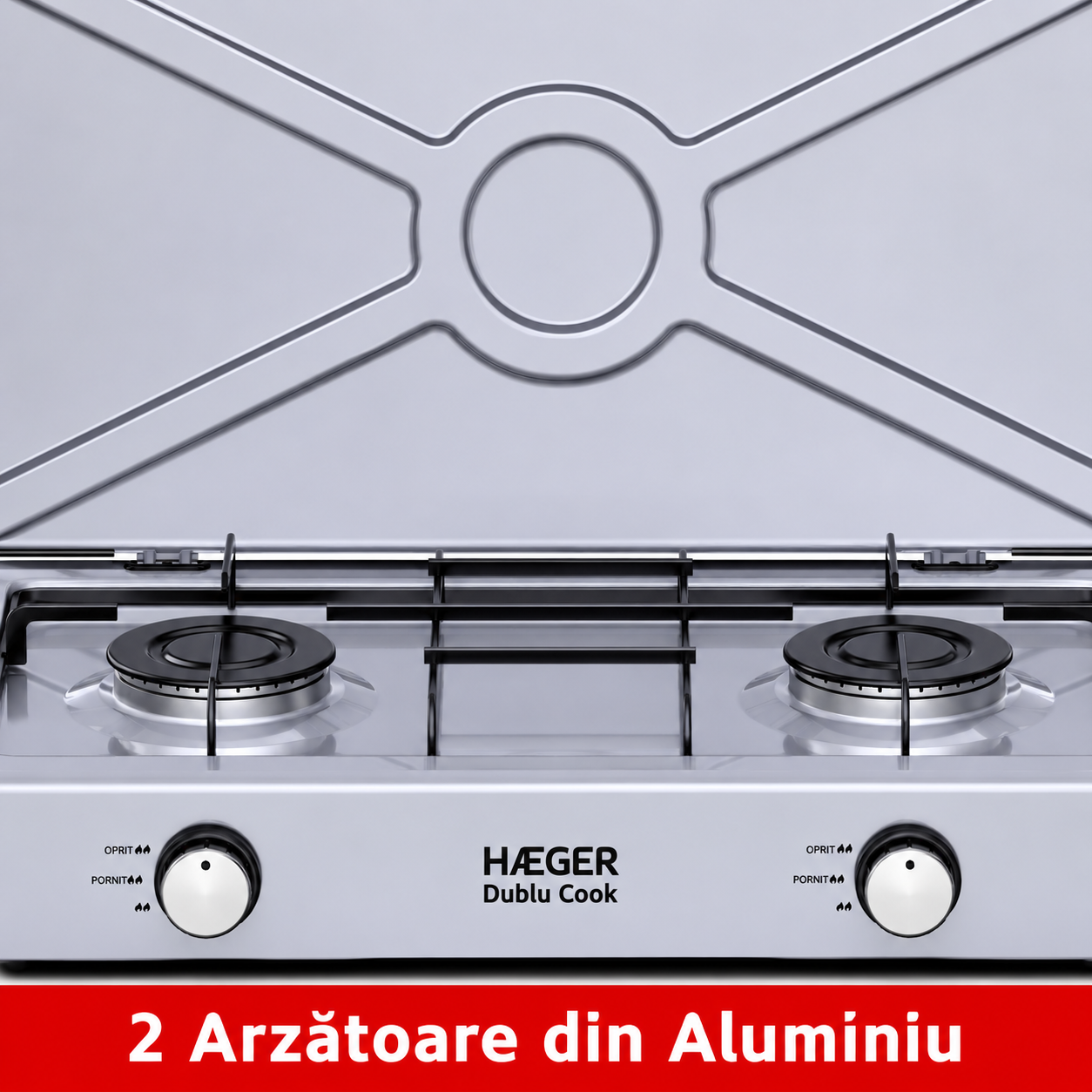 Aragaz portabil cu 2 arzatoare HAEGER DOUBLE COOK, anticoroziv, aluminiu, Dimensiuni 580x295x115mm, Suprafata emailata usor de curatat, Manere decorative inox, Argintiu [1]