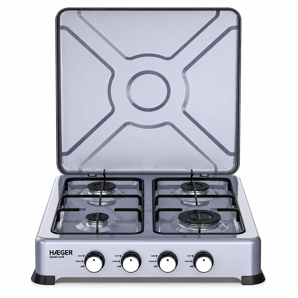 Aragaz portabil cu 4 arzatoare HAEGER QUAD COOK, Dimensiuni 500x500x115mm, Anticoroziv, Aluminiu,Suprafata usor de curatat, Manere decorative inox, Argintiu [0]