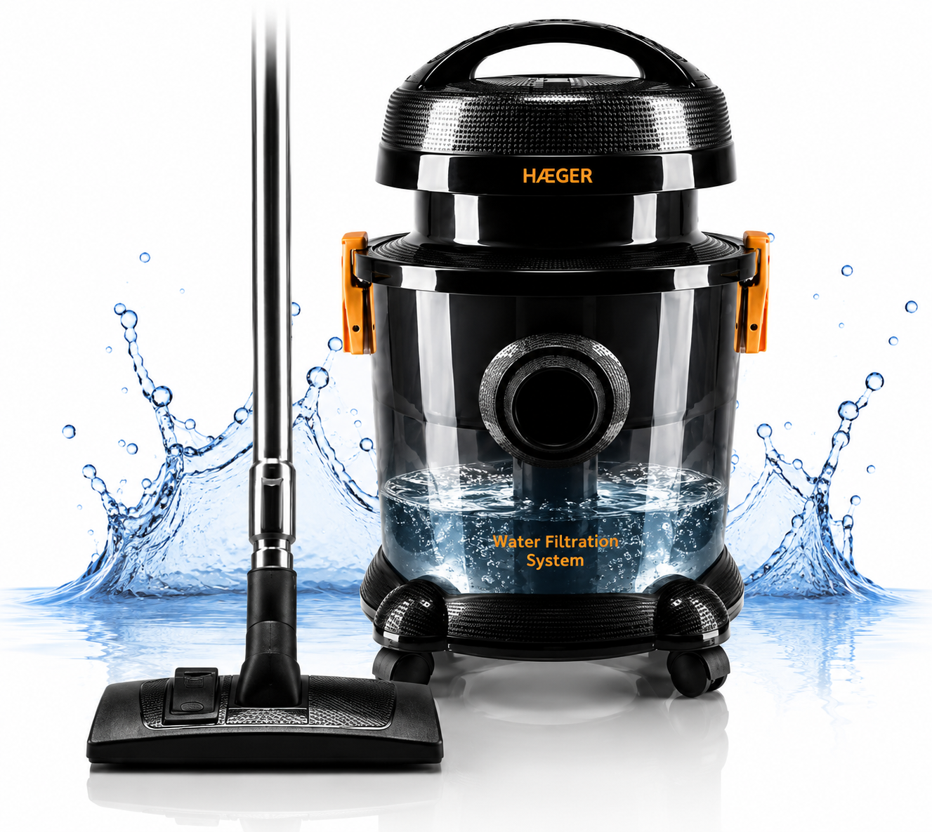 Aspirator cu fitrare prin apa HAEGER AQUACLEAN 1200, Putere 1200W, Rezervor apa 9L, Capacitate sac aspirare uscata 7L, Filtrare cu apa recomandata persoanelor cu alergii, Tub telescopic din inox, Negr [0]
