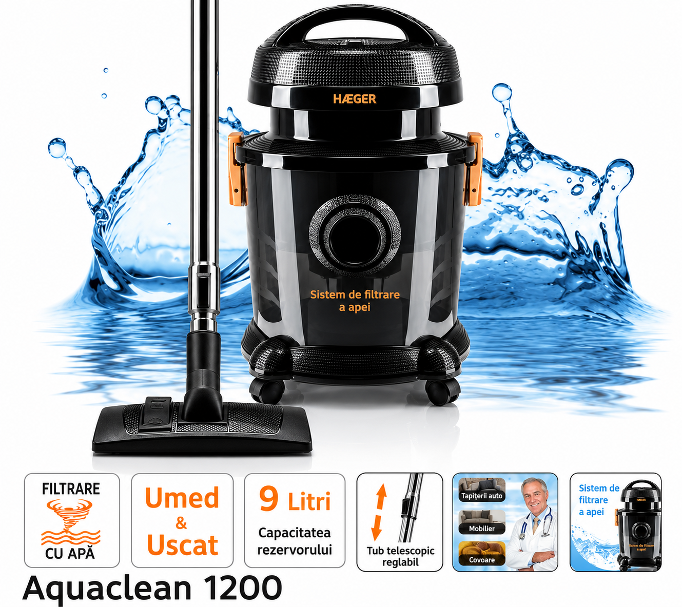 Aspirator cu fitrare prin apa HAEGER AQUACLEAN 1200, Putere 1200W, Rezervor apa 9L, Capacitate sac aspirare uscata 7L, Filtrare cu apa recomandata persoanelor cu alergii, Tub telescopic din inox, Negr [1]
