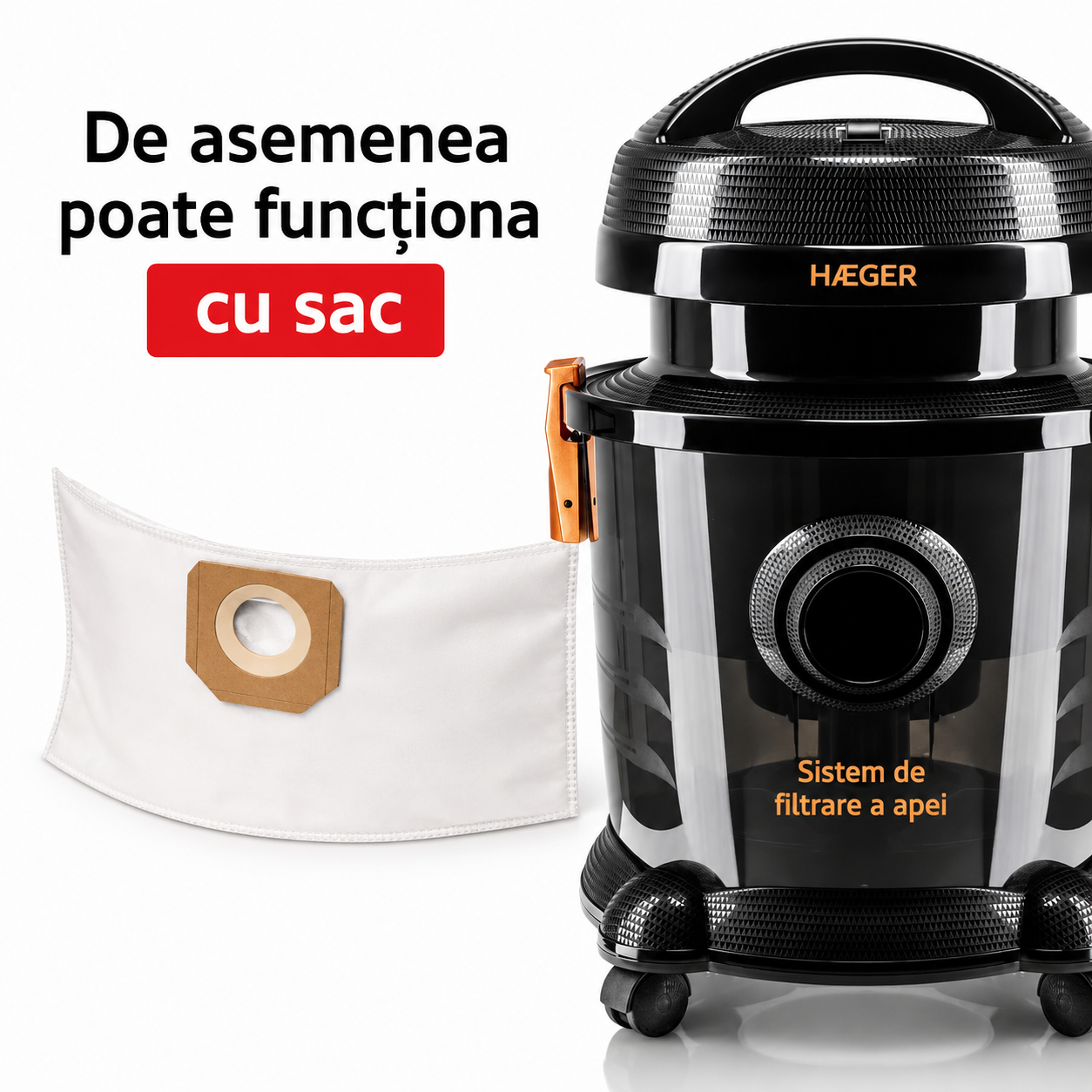 Aspirator cu fitrare prin apa HAEGER AQUACLEAN 1200, Putere 1200W, Rezervor apa 9L, Capacitate sac aspirare uscata 7L, Filtrare cu apa recomandata persoanelor cu alergii, Tub telescopic din inox, Negr [2]