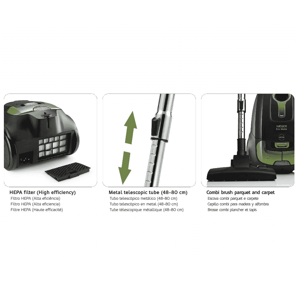Aspirator cu sac HAEGER ECO MATTE, Putere 700 W, Capacitate 4 L, Filtru HEPA, Reglaj continuu al puterii, Tub telescopic metalic [1]