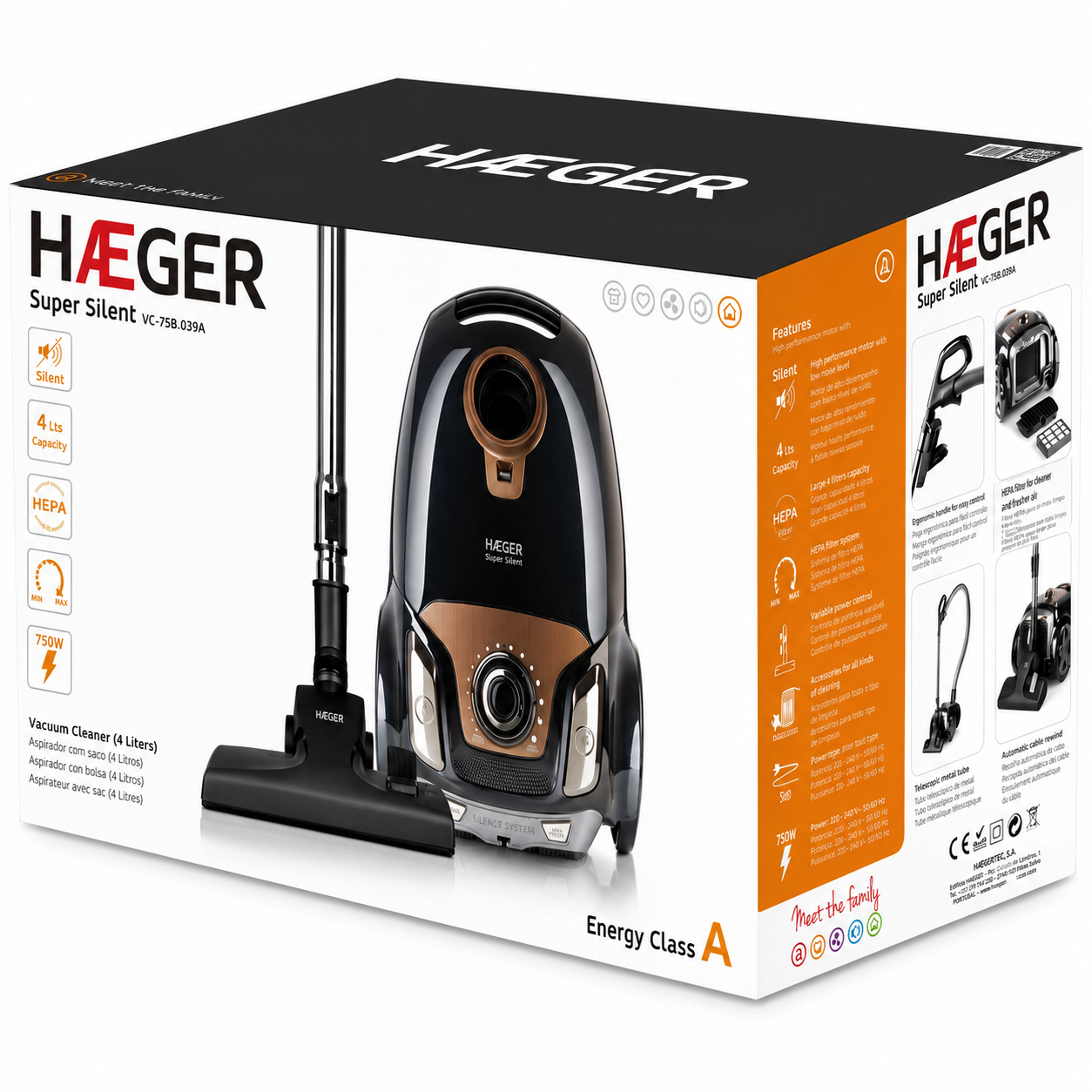Aspirator cu sac HAEGER SUPER SILENT, Putere 750W, Capacitate sac 4L, Filtru HEPA functionare silentioasa, Clasa energetica A, filtru lavabil, Maro [6]