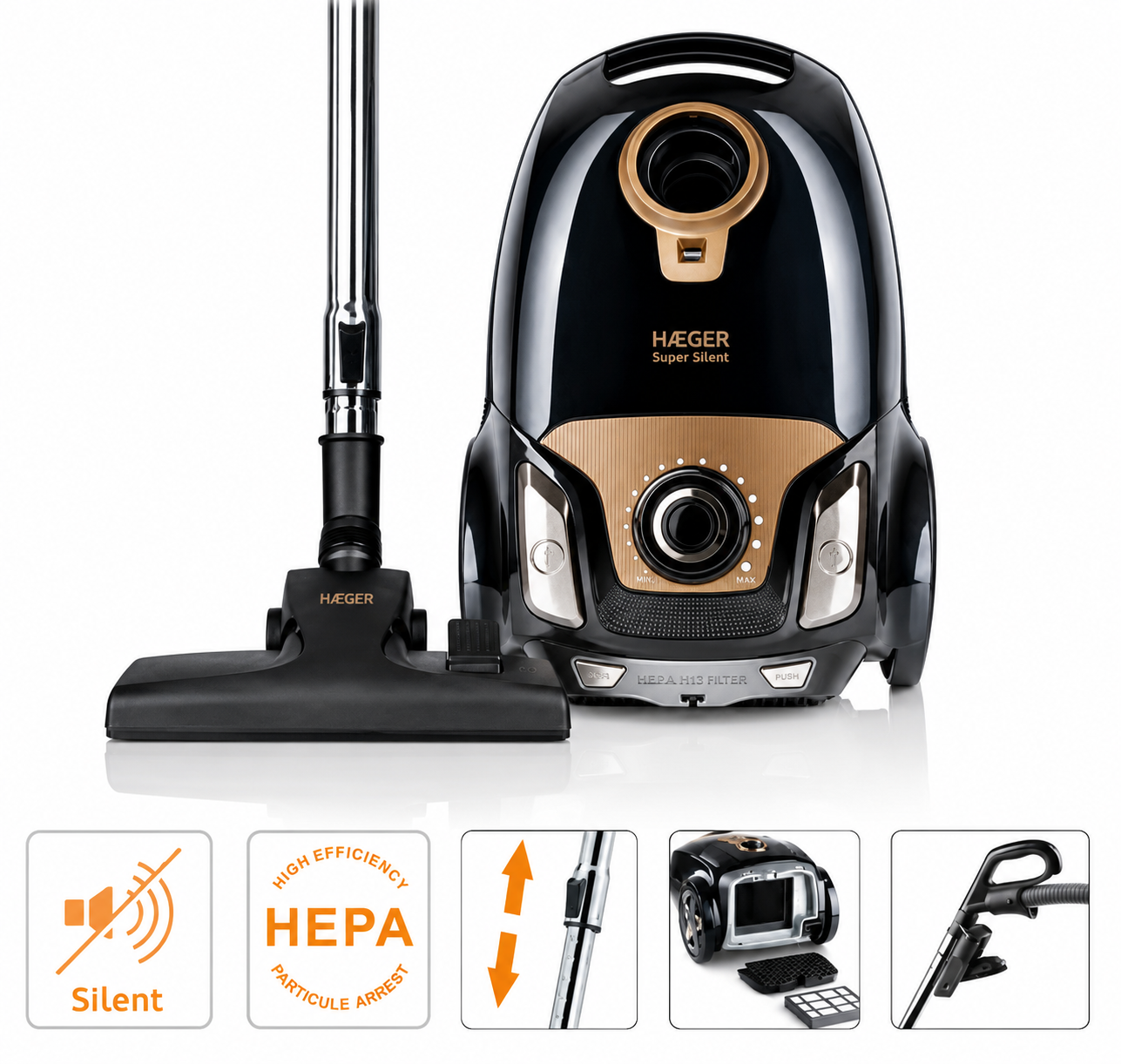 Aspirator cu sac HAEGER SUPER SILENT, Putere 750W, Capacitate sac 4L, Filtru HEPA functionare silentioasa, Clasa energetica A, filtru lavabil, Maro [1]
