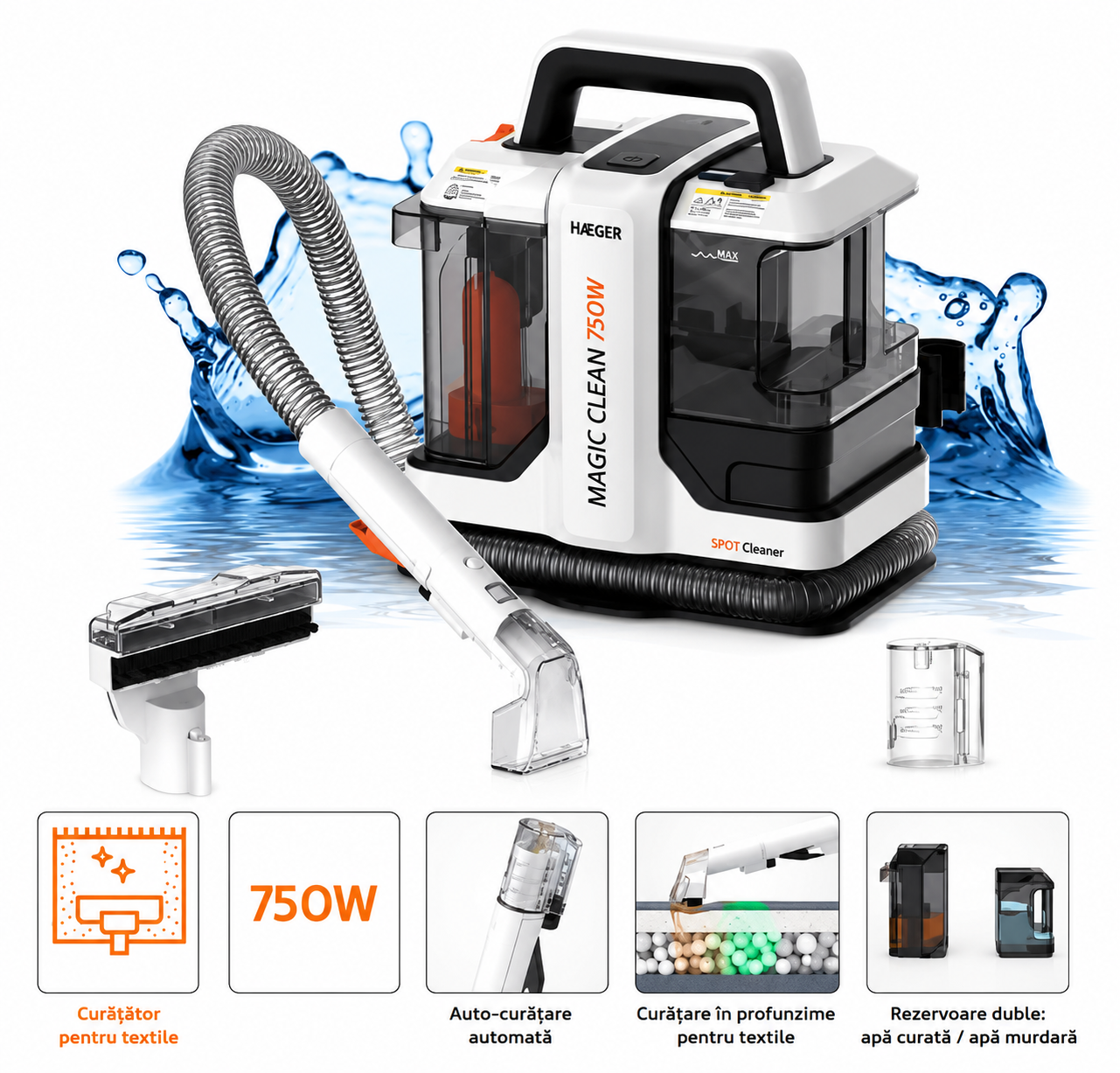 Aspirator cu spalare prin injectie-extractie HAEGER MAGIC CLEAN 750, Putere 750W, Rezervor dublu 1080ml/850ml, compact, Functie auto curatare, pentru covoare, canapele, tapiterie, Alb [7]