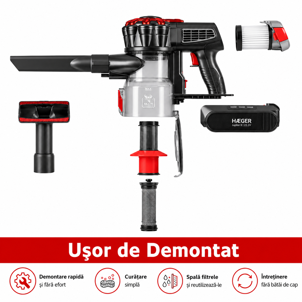 Aspirator fara fir HAEGER JUPITER II, Alimentare 22.2V, tub flexibil, autonomie pana la 40 min, Capacitate 600 ml, nivel zgomot redus, filtrare ciclonica, Perie electrica cu LED, Negru [8]
