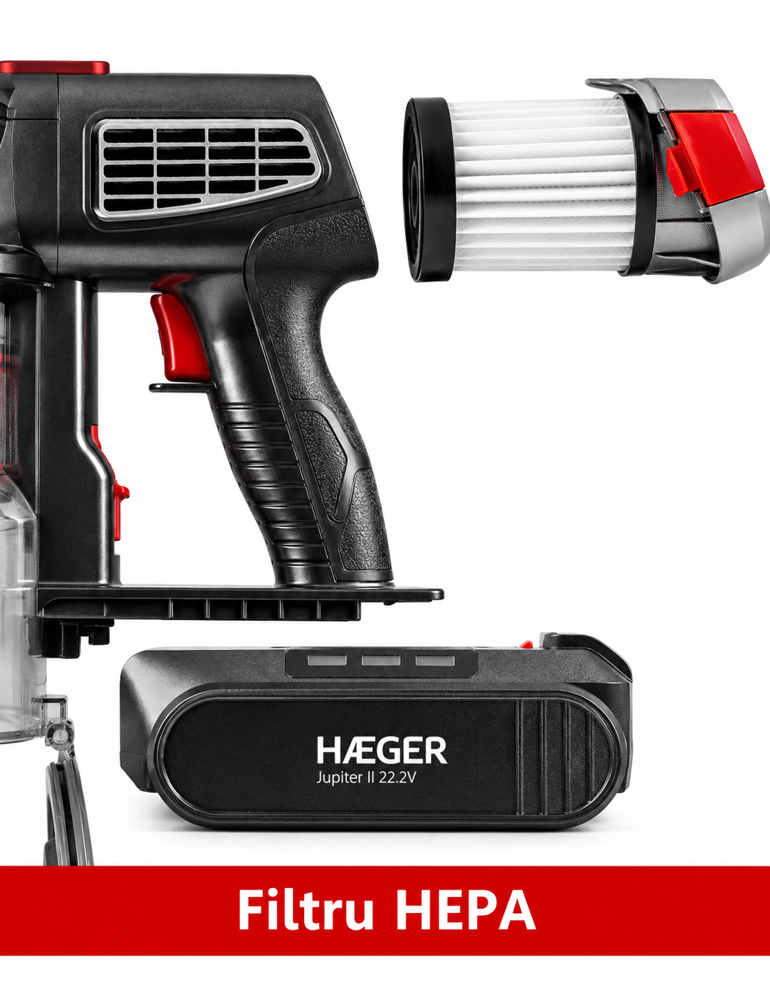 Aspirator fara fir HAEGER JUPITER II, Alimentare 22.2V, tub flexibil, autonomie pana la 40 min, Capacitate 600 ml, nivel zgomot redus, filtrare ciclonica, Perie electrica cu LED, Negru [6]