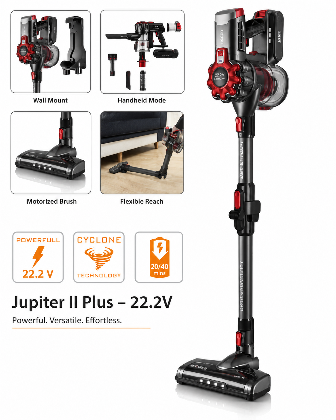 Aspirator fara fir HAEGER JUPITER II, Alimentare 22.2V, tub flexibil, autonomie pana la 40 min, Capacitate 600 ml, nivel zgomot redus, filtrare ciclonica, Perie electrica cu LED, Negru [1]