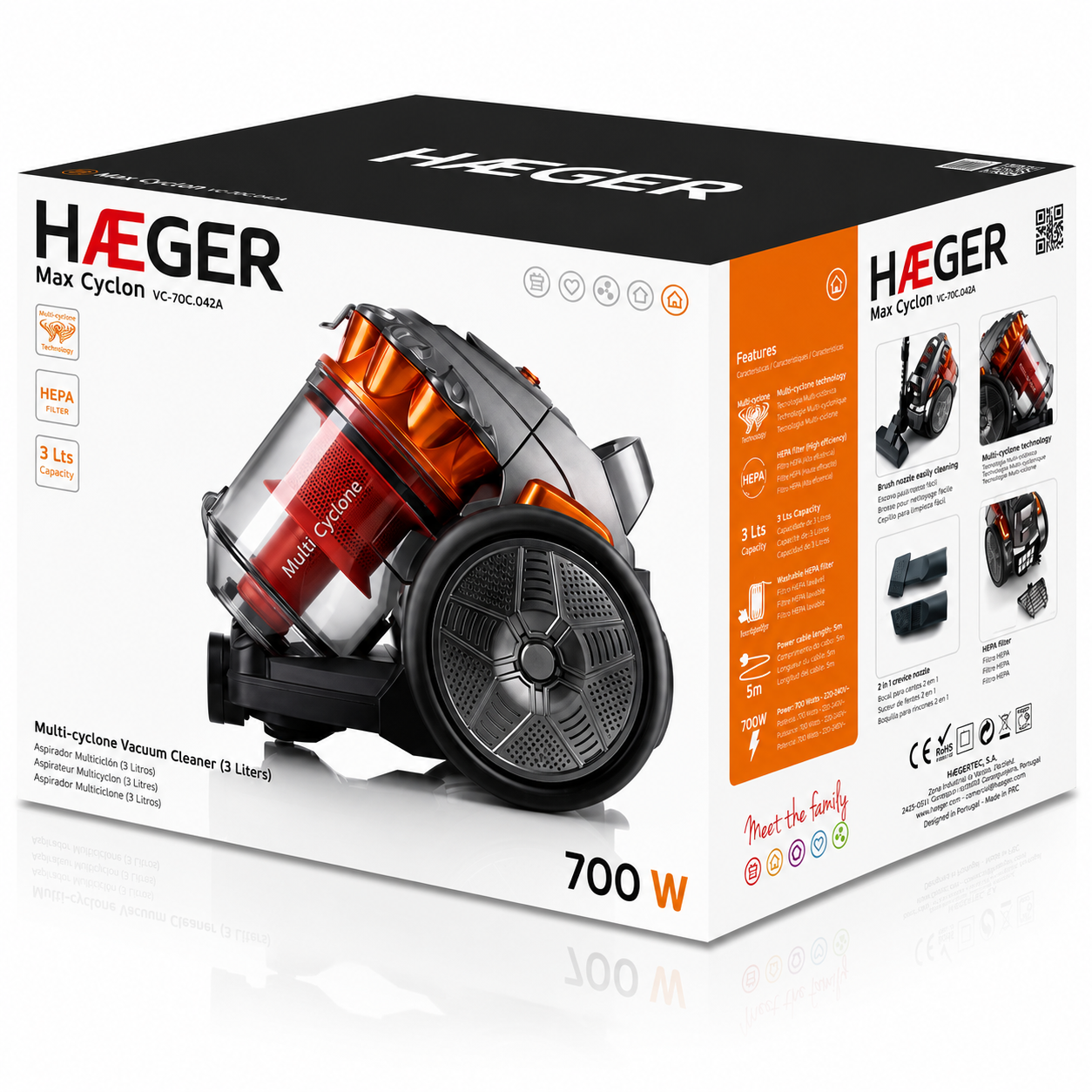 Aspirator fara sac HAEGER MAX CYCLON, Putere 700W, Capacitate 3L, Filtrare multiciclonica in 5 etape, Silentios, Tub telescopic, lungime cablu 5m, Negru [4]