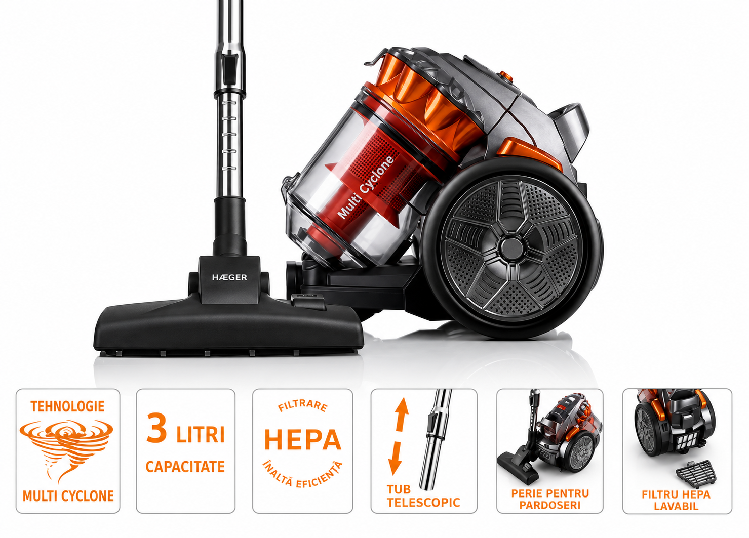 Aspirator fara sac HAEGER MAX CYCLON, Putere 700W, Capacitate 3L, Filtrare multiciclonica in 5 etape, Silentios, Tub telescopic, lungime cablu 5m, Negru [1]