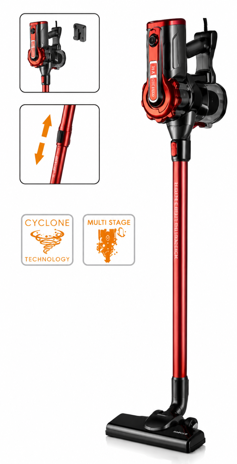 Aspirator vertical cu fir HAEGER VENUS 600, Putere 600W, recipient detasabil 600ml, Filtrare ciclonica cu aspiratie 18.5 kPa, Perii speciale pentru colturi si canapele, Silentios, Cablu 5m, Maro [1]