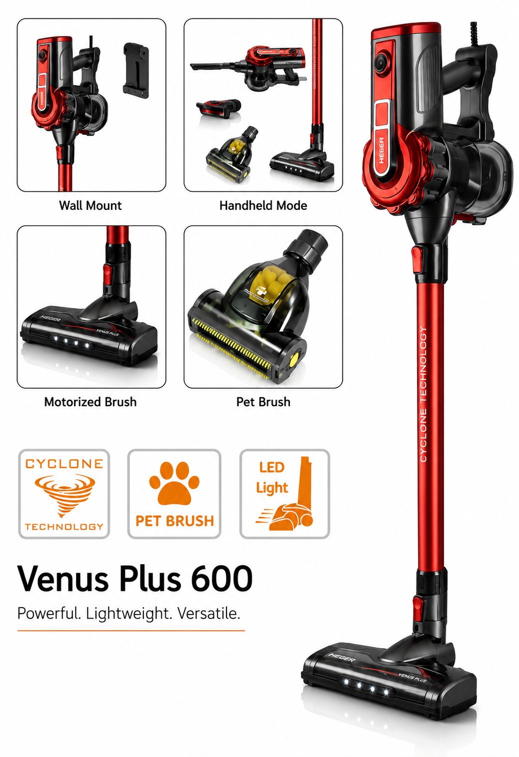 Aspirator vertical cu fir HAEGER VENUS PLUS, Putere 600W, filtrare ciclonica, recipient detasabil 500ml, nivel zgomot redus, perie pentru animale de companie, Lungime cablu 5m, Rosu metalizat [1]