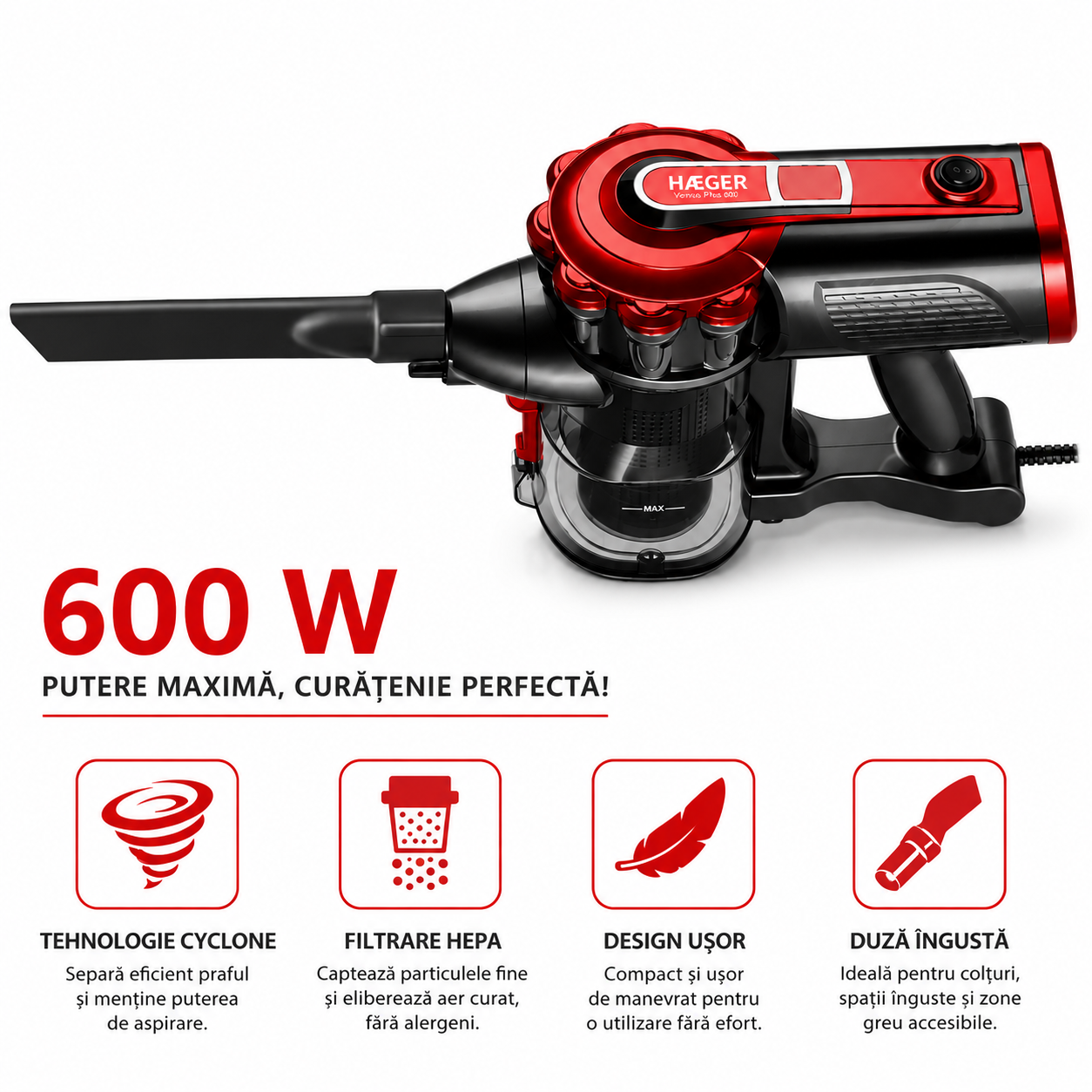 Aspirator vertical cu fir HAEGER VENUS PLUS, Putere 600W, filtrare ciclonica, recipient detasabil 500ml, nivel zgomot redus, perie pentru animale de companie, Lungime cablu 5m, Rosu metalizat [2]