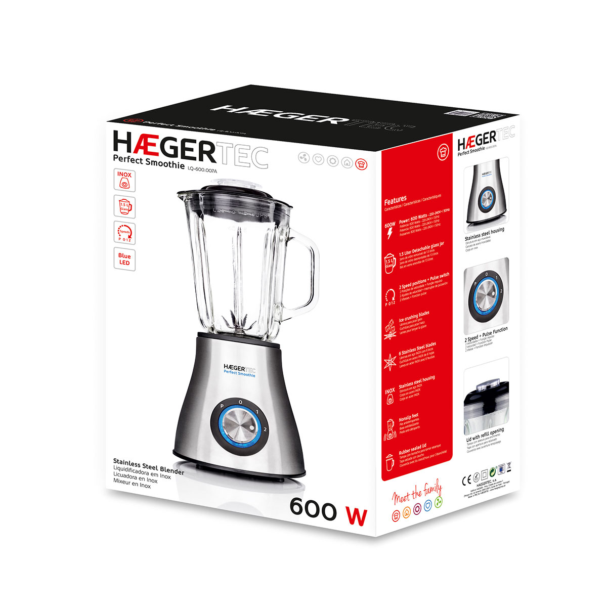 Blender HAEGER PERFECT SMOOTHIE, 600W, Capacitate 1.5L, Sfarama gheata perfect, 2 viteze si Pulse, Otel inoxidabil, Bol sticla, Argintiu [4]