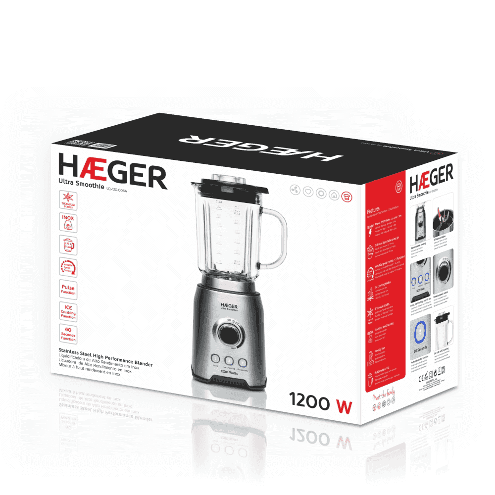 Blender HAEGER ULTRA SMOOTHIE, Capacitate 1,75 L, Putere 1200 W, Bol din sticla detasabil, Lame din titan, Viteza variabila, Functie Pulse si gheata, Aluminiu [2]