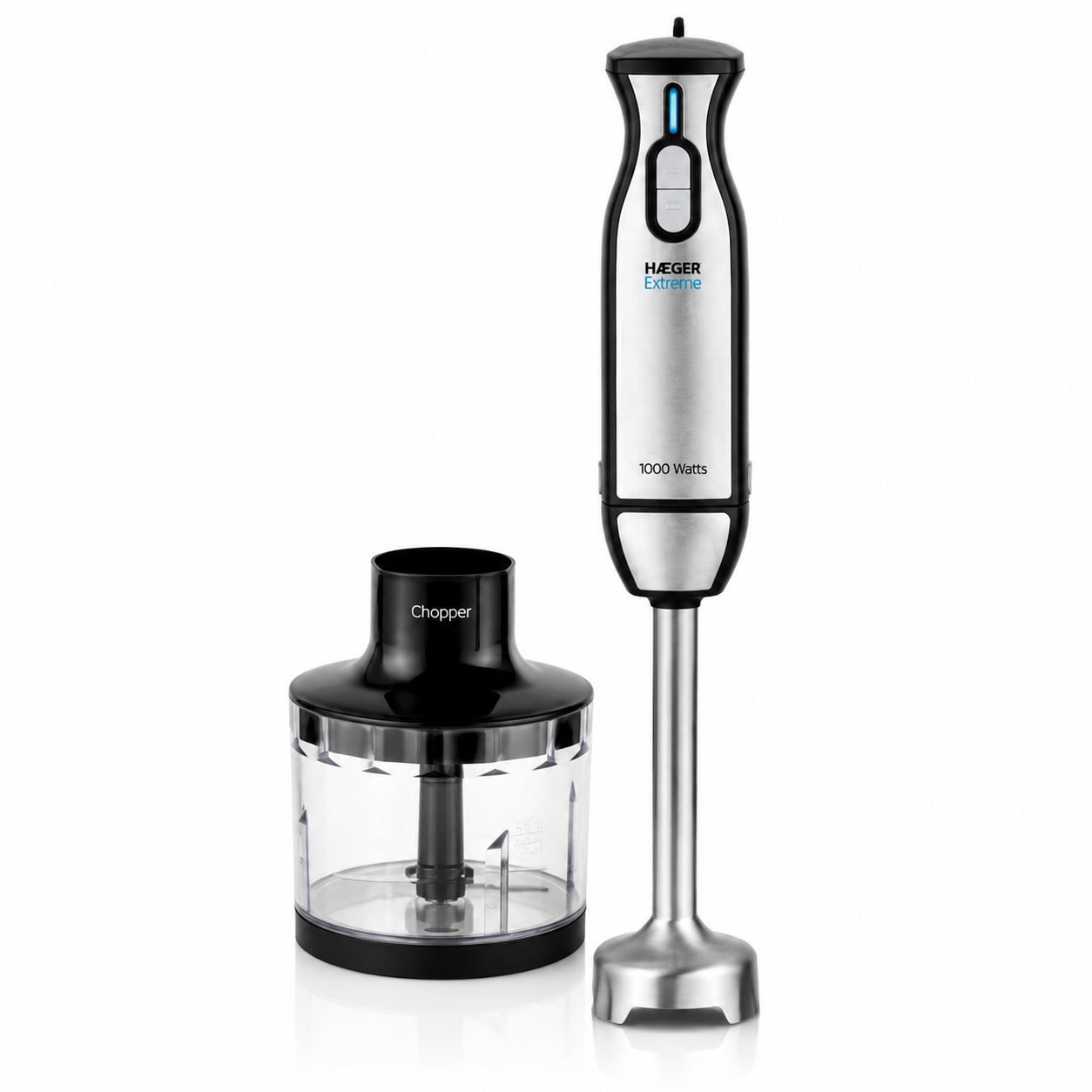 Blender vertical cu tocator HAEGER EXTREME CHOPPER, Set tocator inclus (lama titan 54mm), Putere 1000W, Functie Turbo putere maxima, Piese detasabile usor de curatat, Argintiu [1]