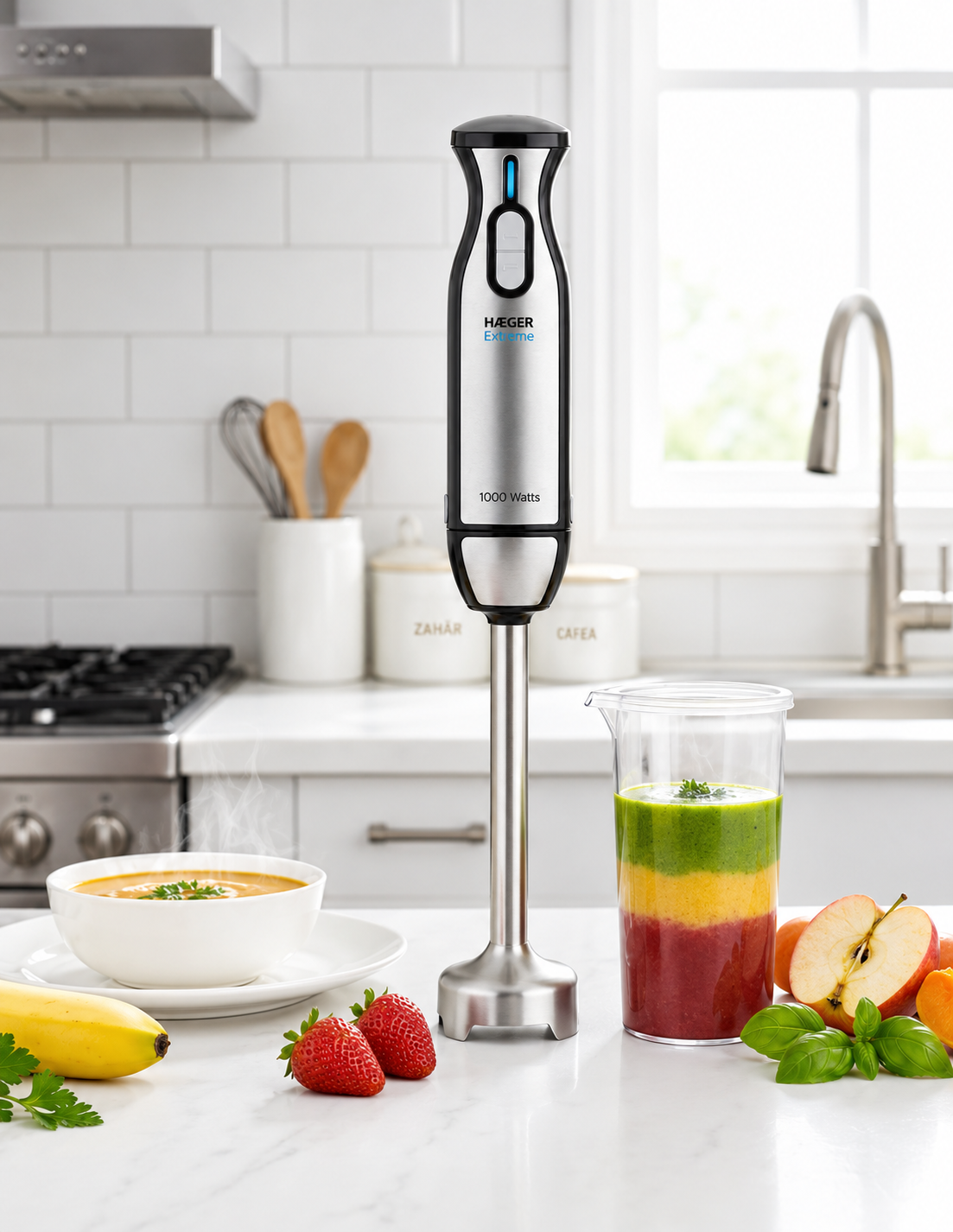 Blender vertical HAEGER EXTREME, Picior detasabil 22.5cm, Putere 1000W, Functie Turbo putere maxima, Piese detasabile usor de curatat, Argintiu [7]