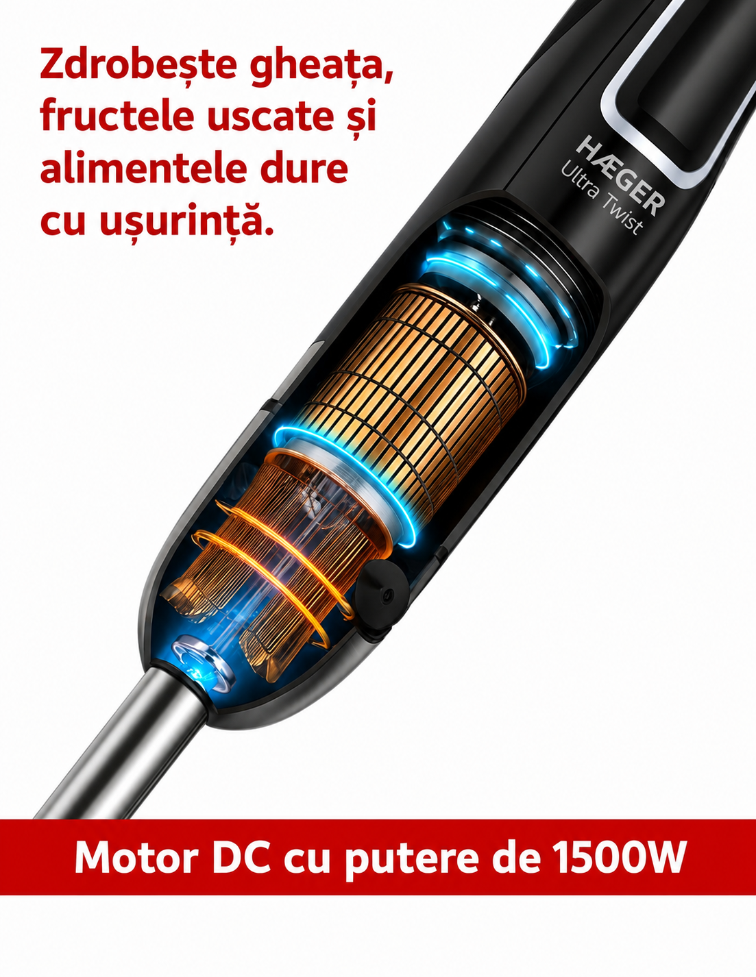 Blender vertical HAEGER ULTRA TWIST, Putere 1500W, maner ergonomic, putere reglabila, otel inoxidabil, lame din Titanium, 24 cm, Negru [10]