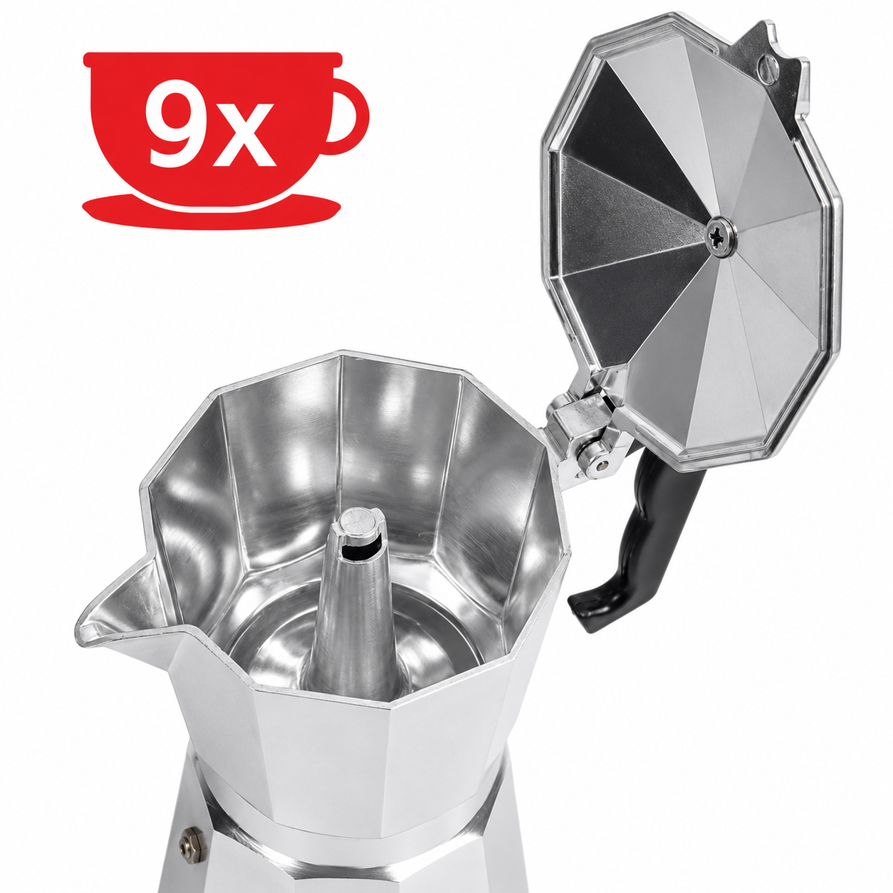 Cafetiera Moka HAEGER MOKA POT 9, Capacitate 9 cesti, Corp din aluminiu, Compatibila cu gaz/electric/vitroceramica, Supapa de siguranta, Argintiu [4]