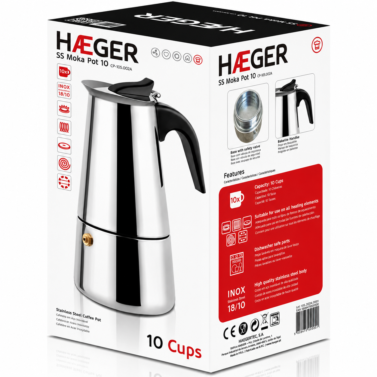 Cafetiera Moka HAEGER SS MOKA POT 10, Capacitate 10 cesti, Corp inox, Piese lavabile la masina de spalat vase, Compatibila cu toate tipurile de plite, Argintiu [7]