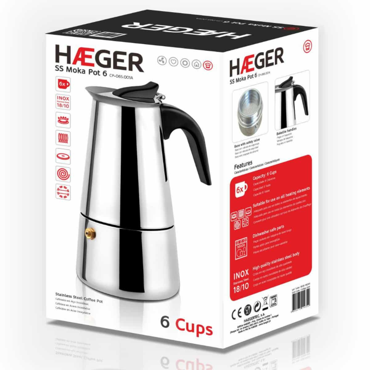 Cafetiera Moka HAEGER SS MOKA POT 6, Capacitate 6 cesti, Corp din inox, Compatibila cu toate tipurile de plita, Supapa de siguranta, Inox [3]