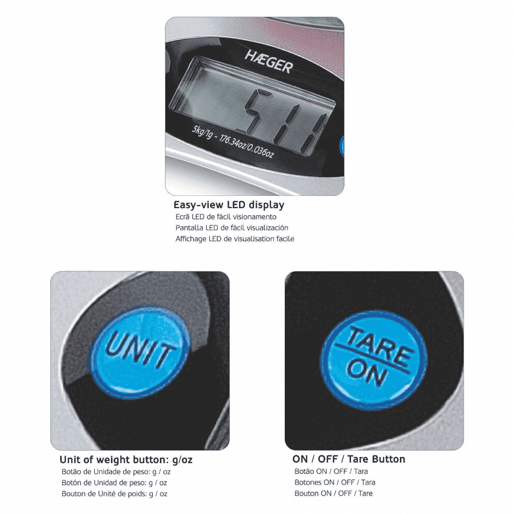 Cantar de bucatarie HAEGER SANTINI cu bol, Tehnologie Strain Gauge, Unitati g si oz, Functii On/Off/Tara/Unitate, Afisaj LCD [2]