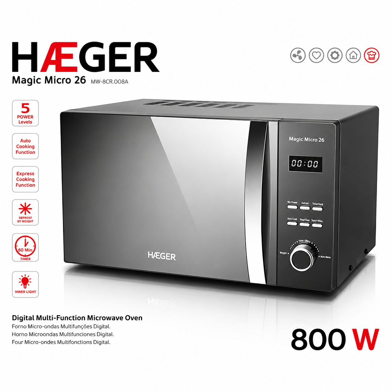Cuptor cu microunde HAEGER MAGIC MICRO 26, Capacitate 26L, Putere 800W, 5 niveluri putere si dezghetare, Gatire automata si expresa, Ecran Digital, Argintiu [4]