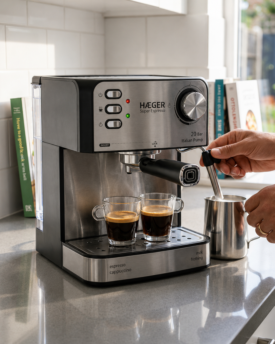 Espressor de cafea HAEGER SUPER ESPRESSO, Presiune 20 bar (pompa ULKA Italia), Cafea macinata si capsule, 1.6L, Extractie intensa cu aroma bogata, Incalzire cesti, Argintiu [9]