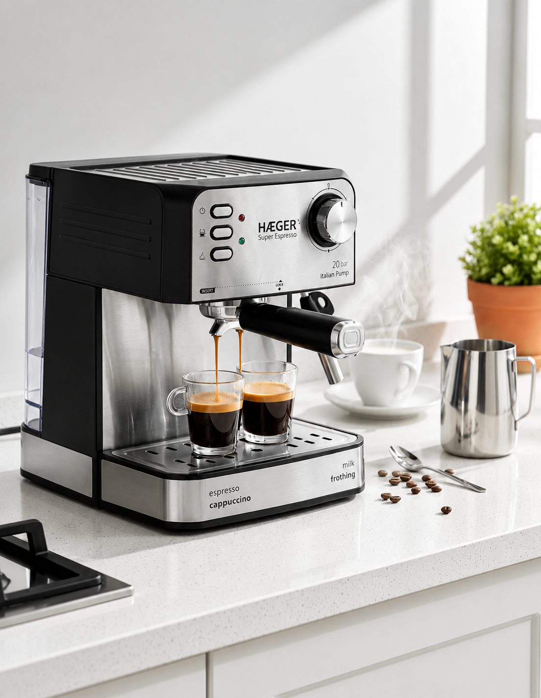 Espressor de cafea HAEGER SUPER ESPRESSO, Presiune 20 bar (pompa ULKA Italia), Cafea macinata si capsule, 1.6L, Extractie intensa cu aroma bogata, Incalzire cesti, Argintiu [5]