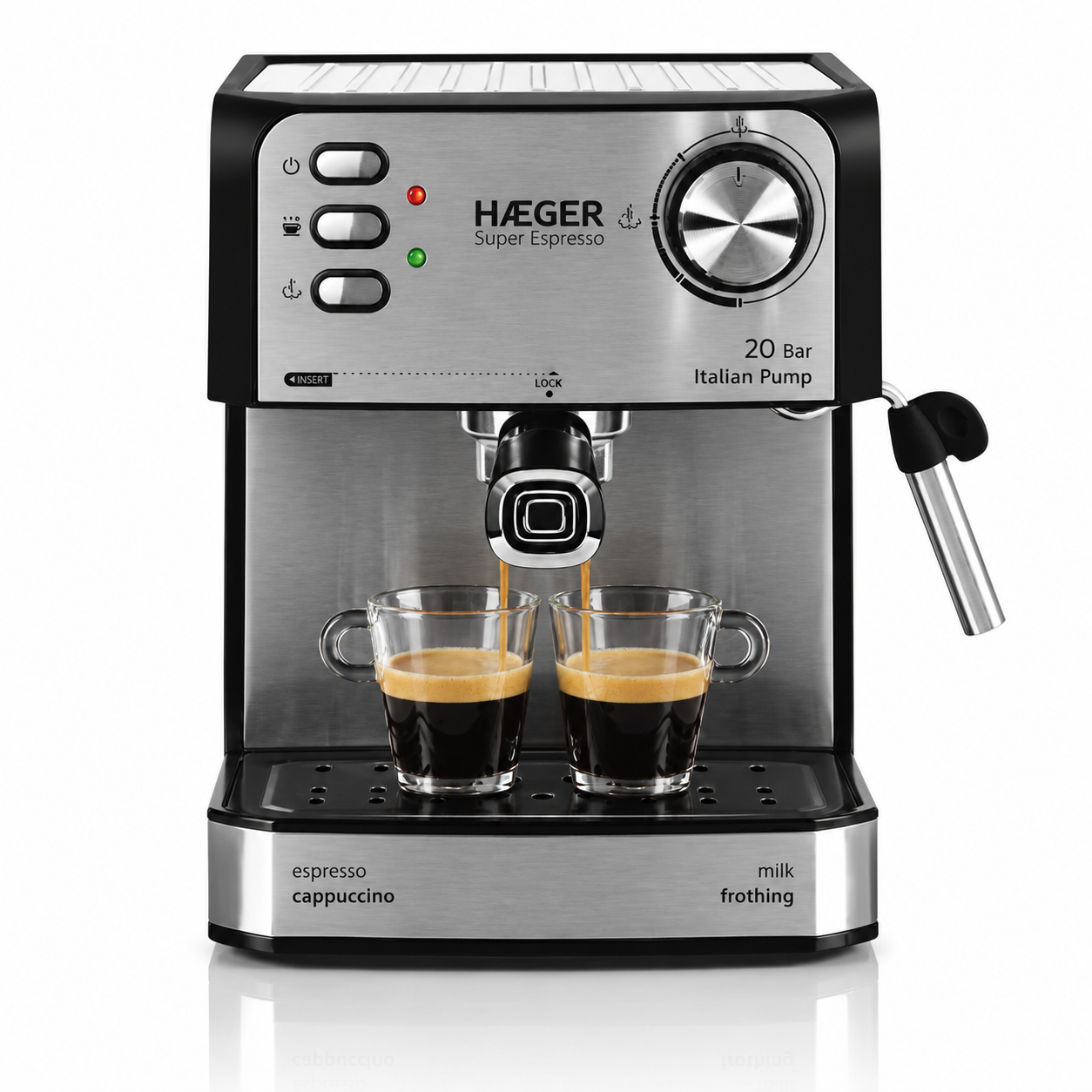Espressor de cafea HAEGER SUPER ESPRESSO, Presiune 20 bar (pompa ULKA Italia), Cafea macinata si capsule, 1.6L, Extractie intensa cu aroma bogata, Incalzire cesti, Argintiu [1]