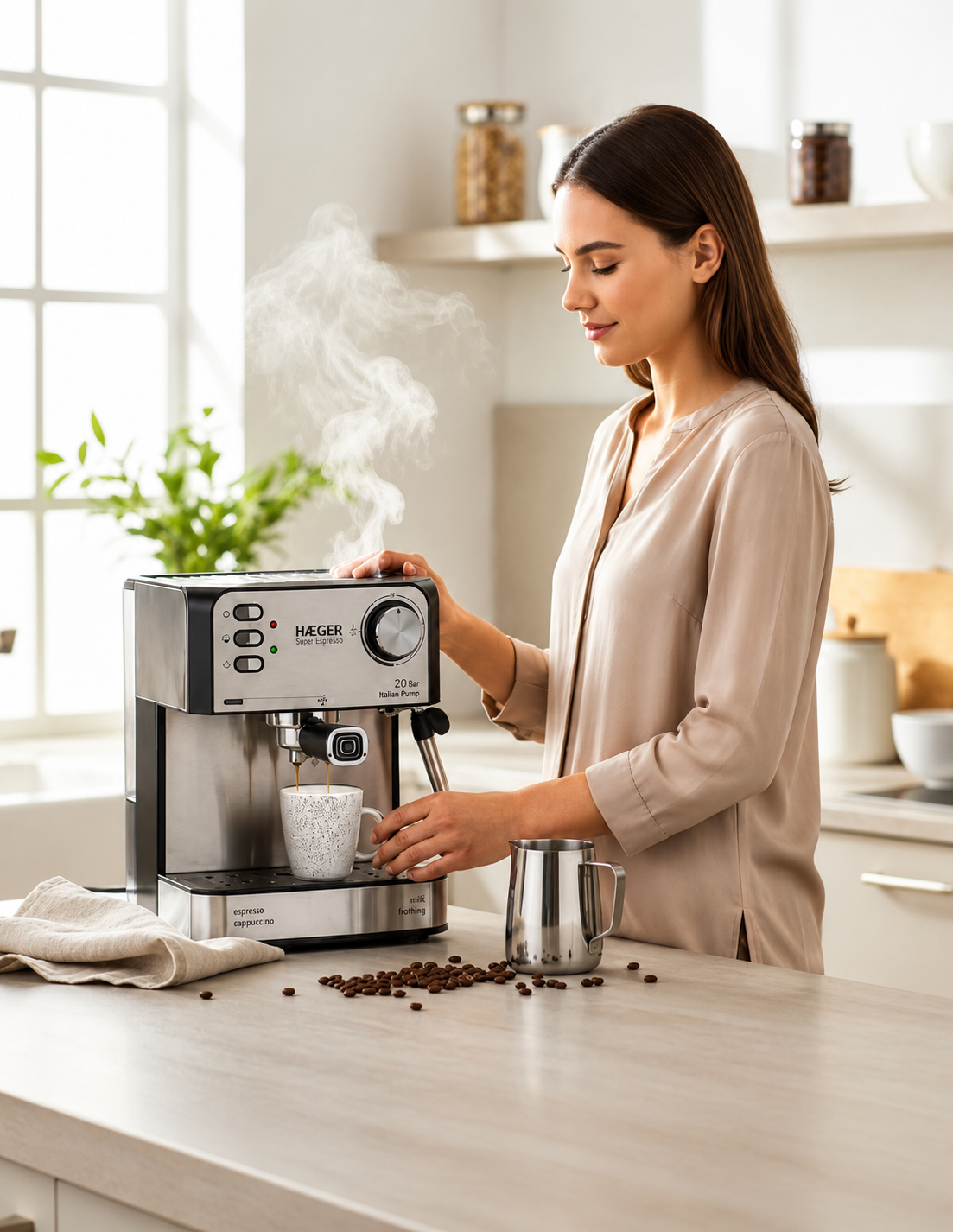 Espressor de cafea HAEGER SUPER ESPRESSO, Presiune 20 bar (pompa ULKA Italia), Cafea macinata si capsule, 1.6L, Extractie intensa cu aroma bogata, Incalzire cesti, Argintiu [7]