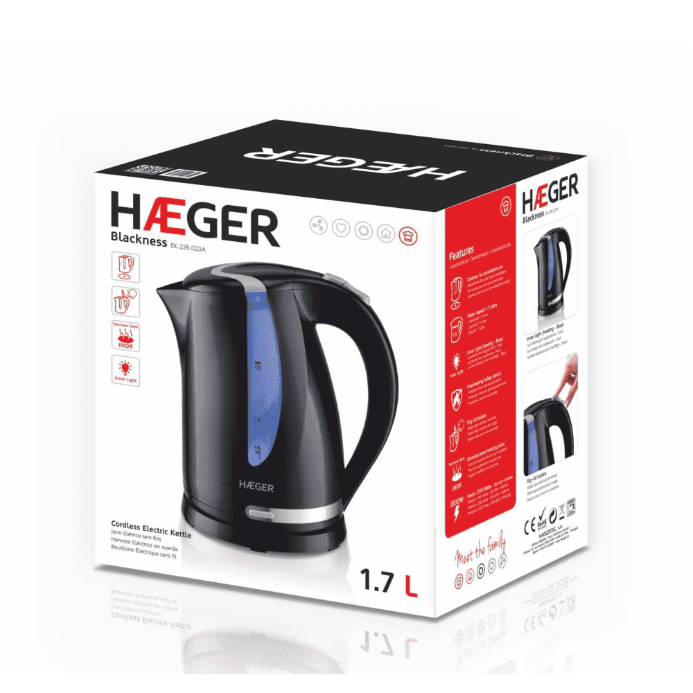 Fierbator electric HAEGER BLACKNESS, Capacitate 1,7 L, Putere 2200 W, Baza rotativa 360 grade, Oprire automata, Protectie supraincalzire, Negru [1]