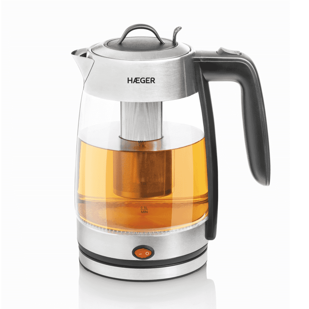 Fierbator electric HAEGER PERFECT TEA, Capacitate 1,8 L, Putere 2200 W, Vas din sticla, Baza rotativa 360 grade, Oprire automata, Fara fir, Argintiu [1]