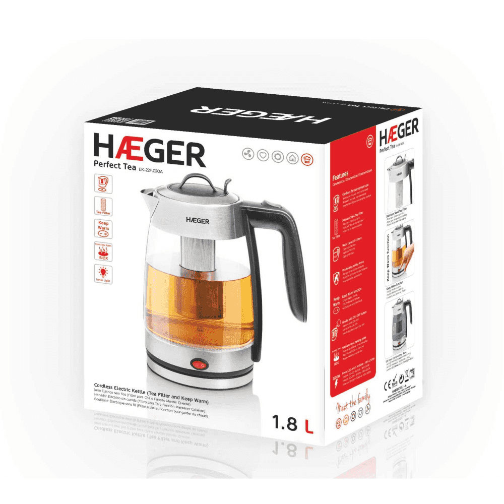 Fierbator electric HAEGER PERFECT TEA, Capacitate 1,8 L, Putere 2200 W, Vas din sticla, Baza rotativa 360 grade, Oprire automata, Fara fir, Argintiu [2]